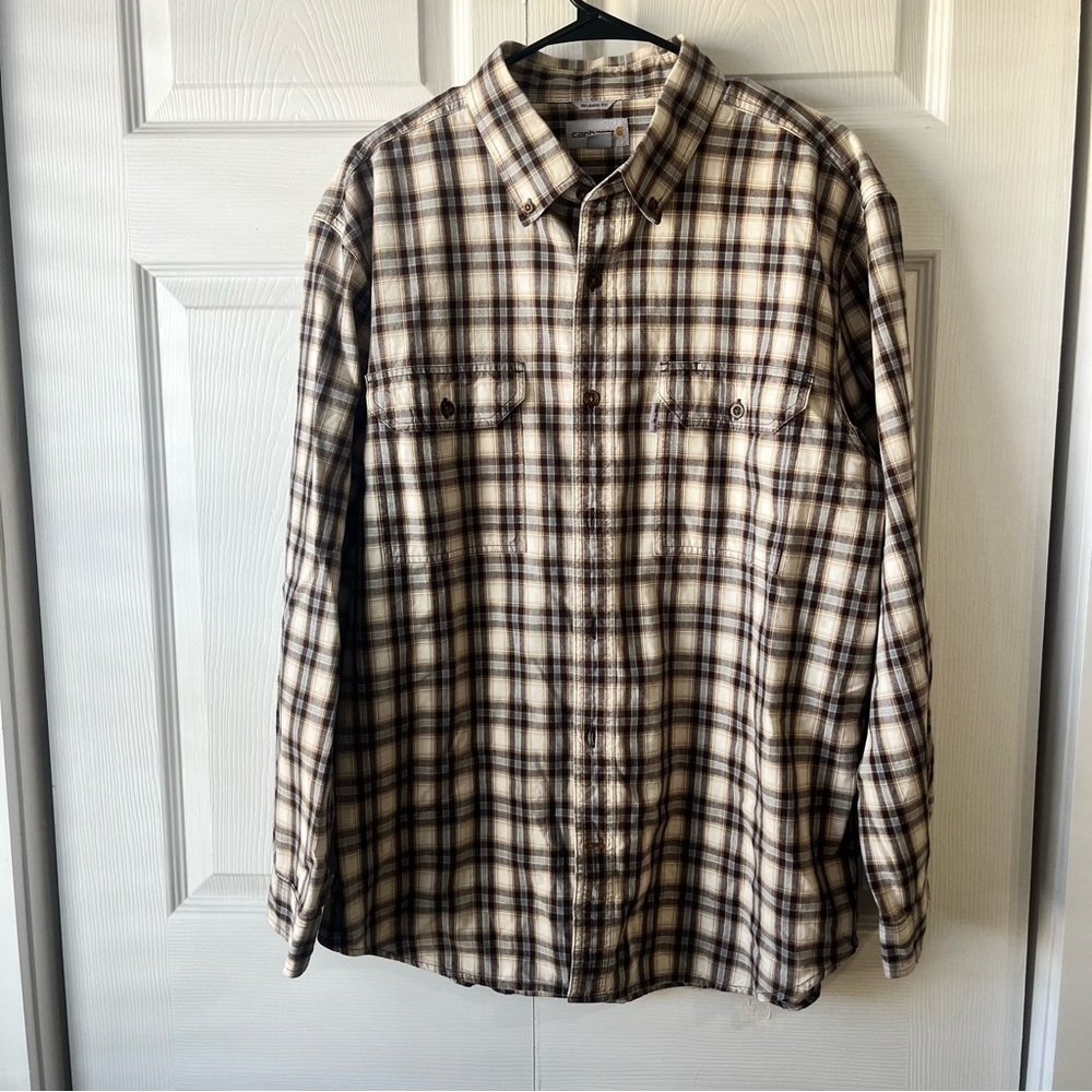 Carhartt Mens Button Down Shirt X-Large Brown Plaid Relaxed Fit